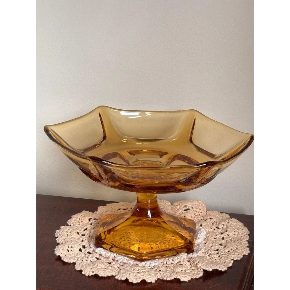 Vintage Viking Glass Epic 6-Petal Footed Compote Bowl, amber, gorgeous condition - Picture 7 of 8